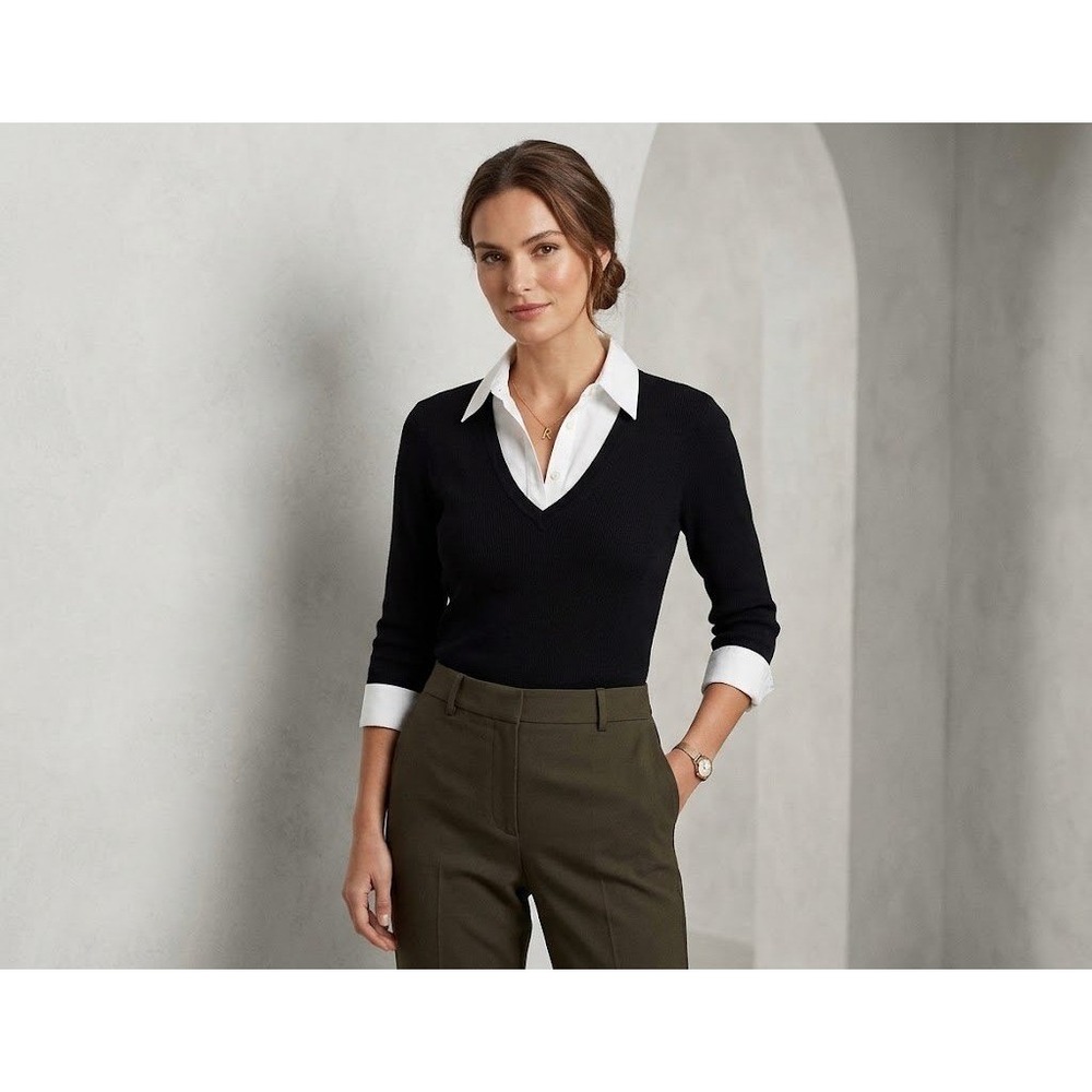 Lauren Ralph Lauren Layered V-Neck Top Womens Medium Black White Preppy Workwear